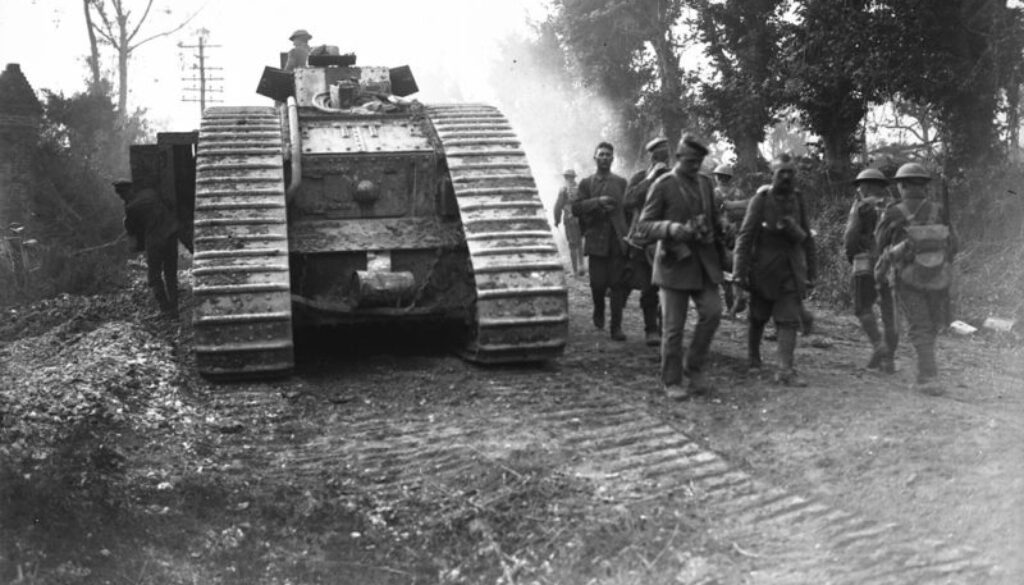 32_Tanks advancing down Amiens-Roye Road. Battle of Amiens. August, 1918.